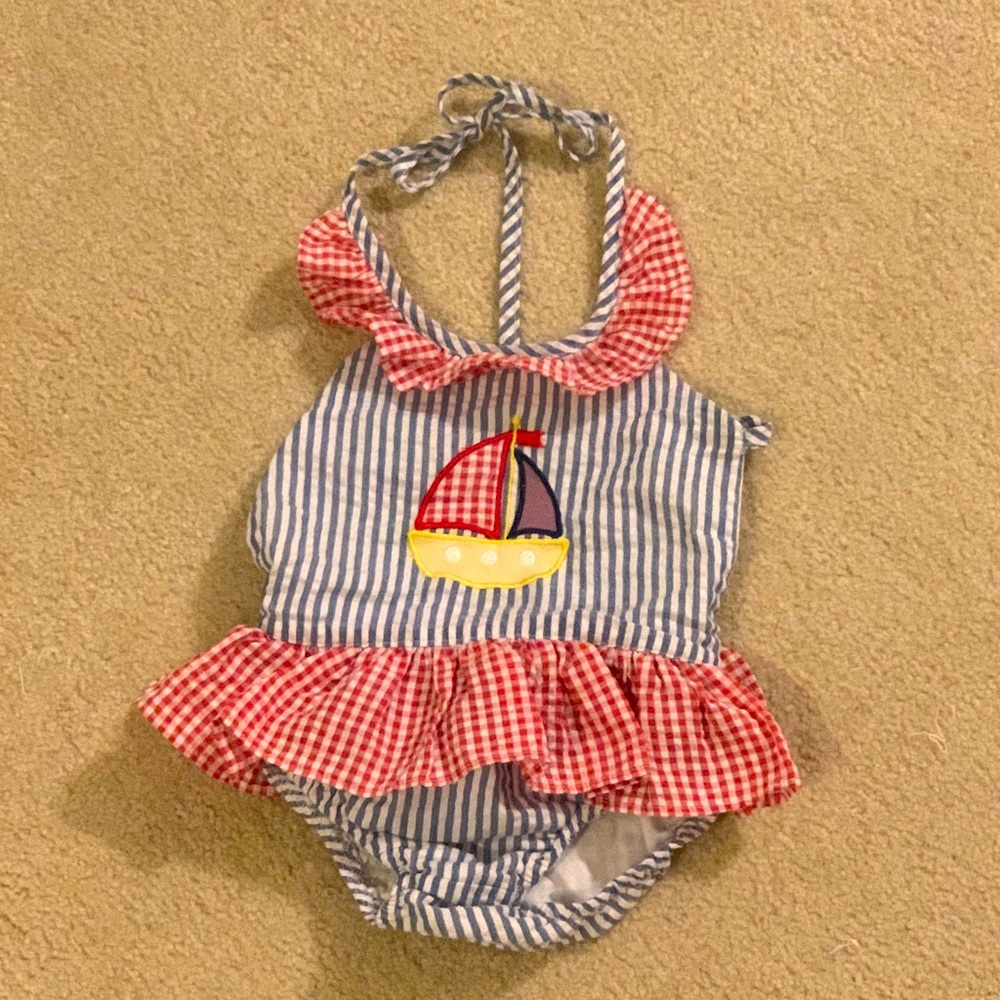 Be Mine Sailboat Embroidered Swimsuit 2T